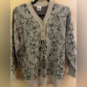 Vintage Beige Floral V-Neck Sweater